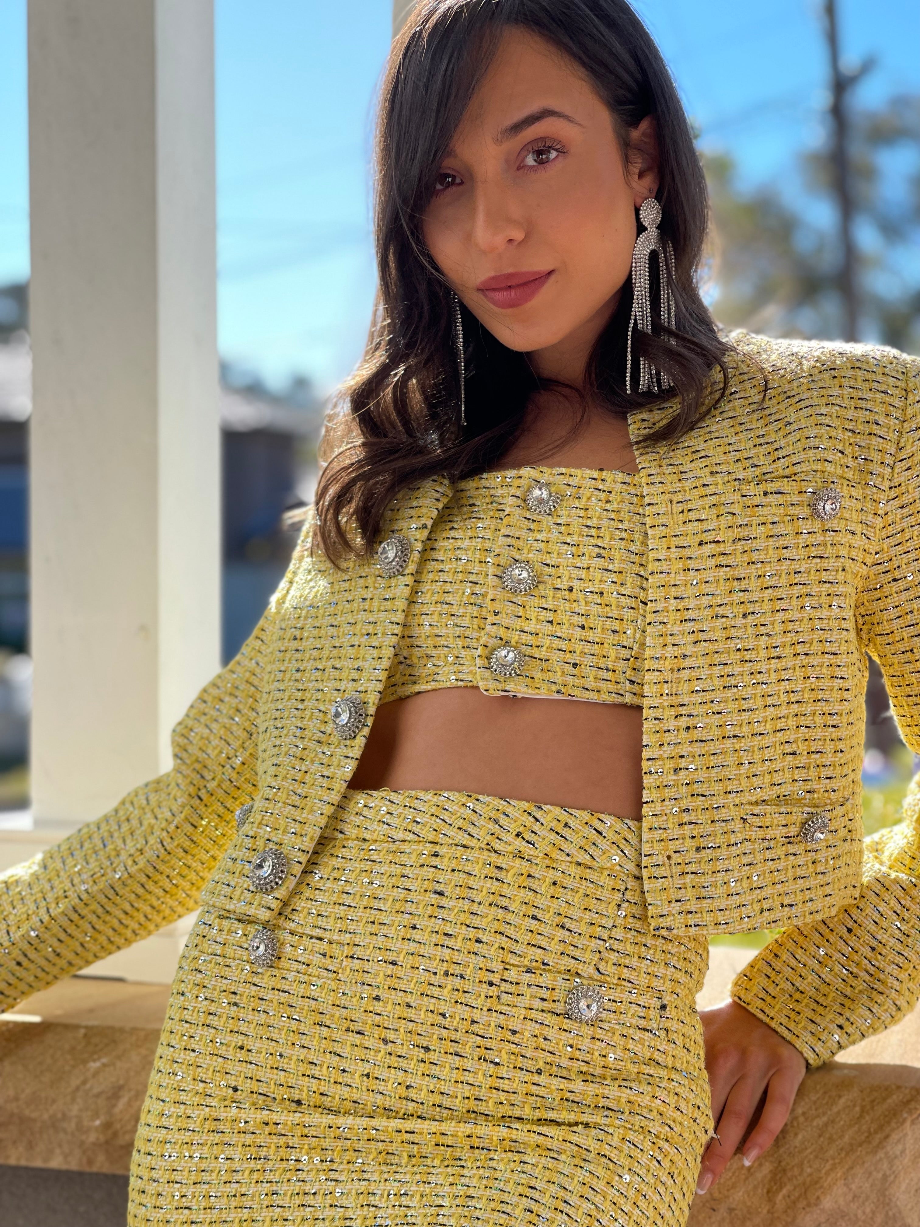 Yellow tweed bra, skirt and jacket set with jewel buttons